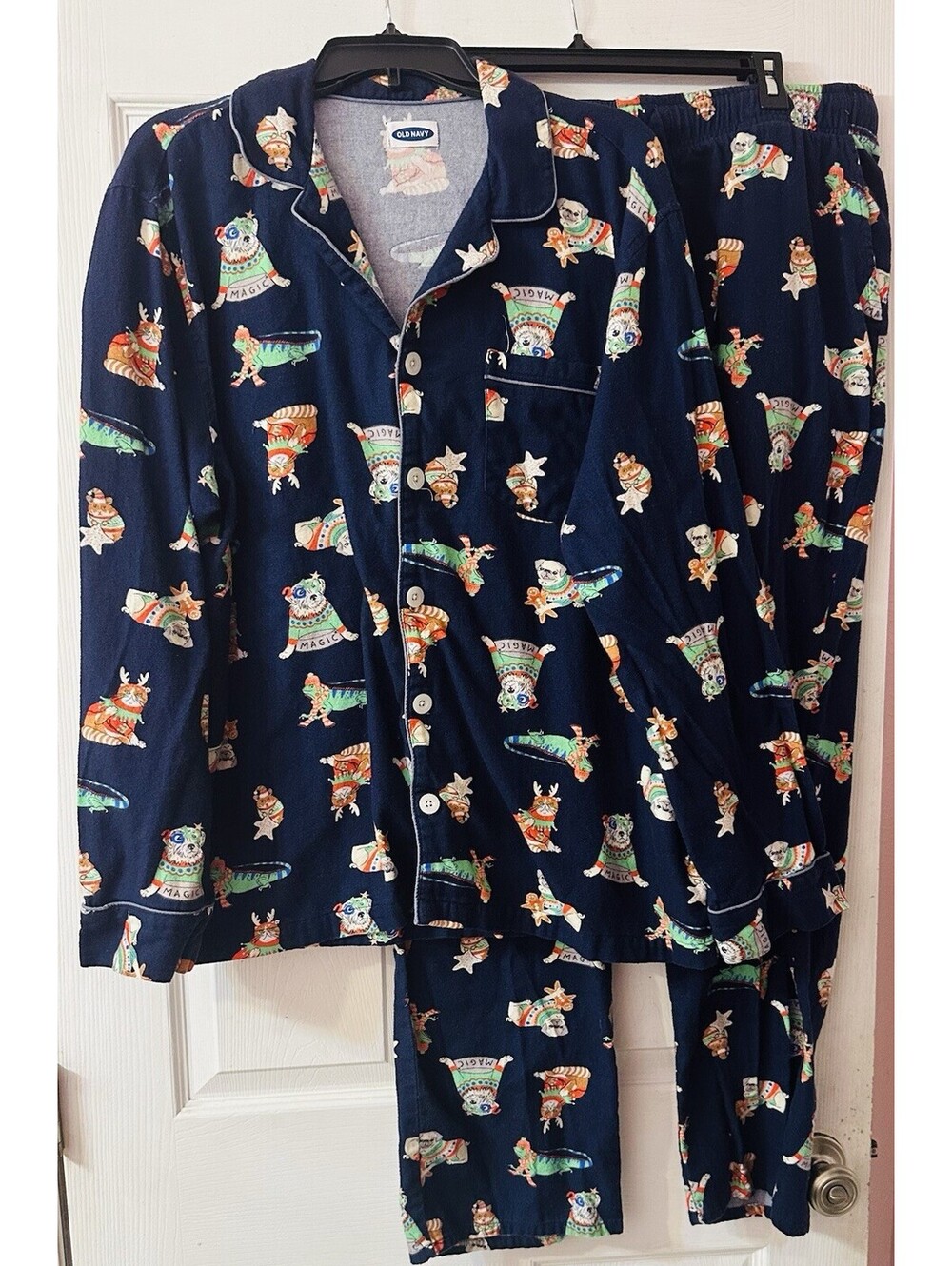 Old Navy XL Christmas Pajama Set Dogs Cats Holiday 100% Cotton Navy Blue